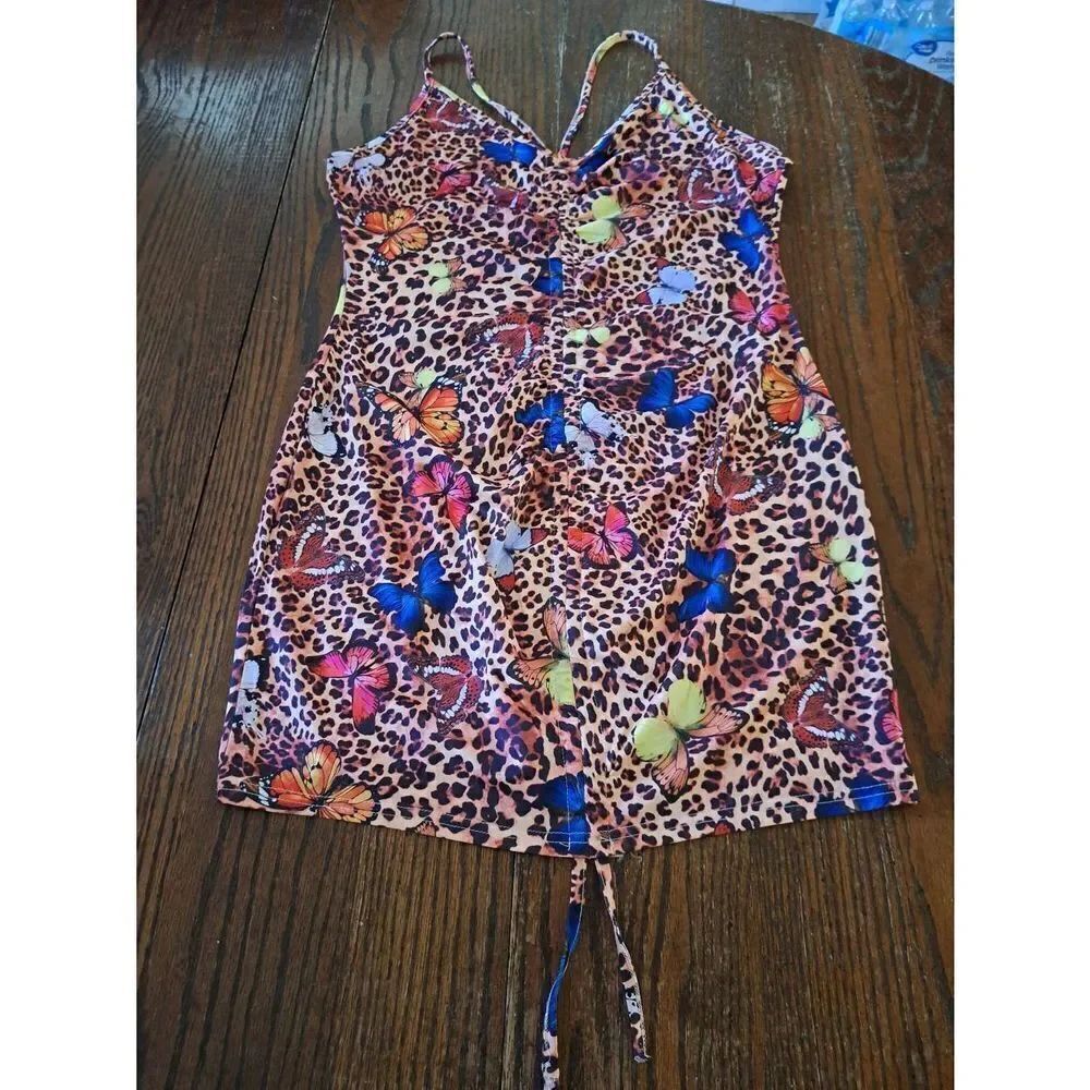 Jr XL Sleeveless Spaghetti Strap Ruched Bodycon Form Fit Butterfly Mini Dress